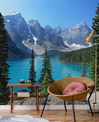 blauwe meer- en bergmuurschildering genaamd Moraine Lake in de Canadese Rockies voor thuiskantoren en woonkamers