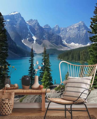 papier peint mural bleu sur le lac et la montagne appelé Moraine Lake dans les Rocheuses canadiennes pour la maison, les bureaux et les salons