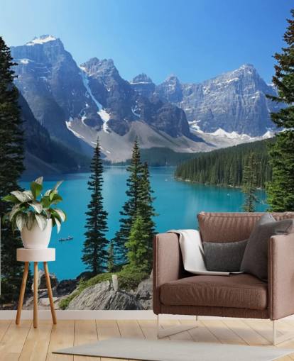 blue lake and mountain wallpaper mural called Moraine Lake in the Canadian Rockies for home offices and living rooms