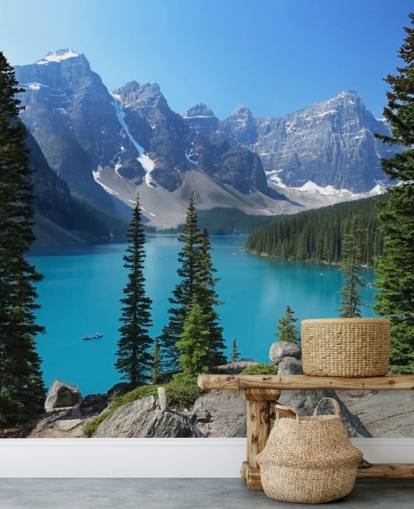 mural de papel de parede de lago azul e montanha chamado Moraine Lake nas Montanhas Rochosas canadenses para escritórios domésticos e salas de estar