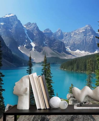 blue lake and mountain wallpaper mural called Moraine Lake in the Canadian Rockies for home offices and living rooms