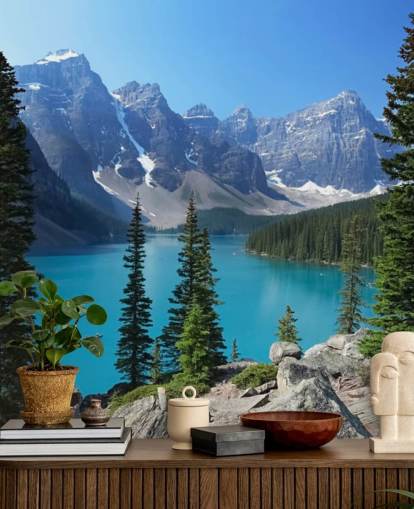 blue lake and mountain wallpaper mural called Moraine Lake in the Canadian Rockies for home offices and living rooms