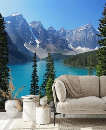blå sø og bjerg tapetmaleri kaldet Moraine Lake i de canadiske Rockies til hjemmekontorer og stuer