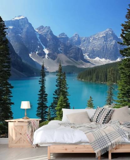 mural de papel de parede de lago azul e montanha chamado Moraine Lake nas Montanhas Rochosas canadenses para escritórios domésticos e salas de estar mural de papel de parede de lago azul e montanha chamado Moraine Lake nas Montanhas Rochosas canadenses para escritórios domésticos e salas de estar