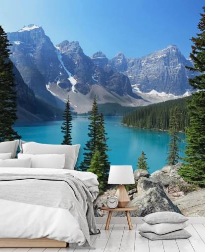 blue lake and mountain wallpaper mural called Moraine Lake in the Canadian Rockies for home offices and living rooms
