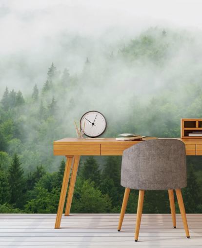 Decorazione murale con nebbia sulla foresta