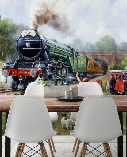 mensen zwaaien met een stoomtrein behang