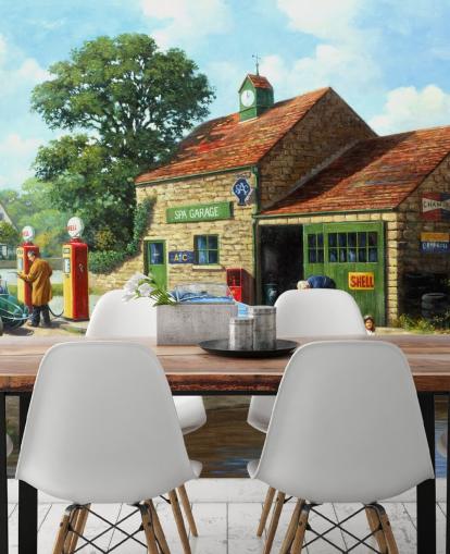 dorps-tankstation in het verleden behang