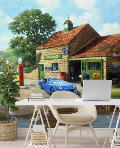 dorps-tankstation in het verleden behang