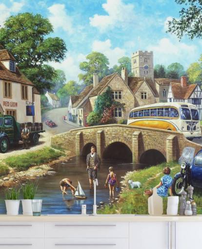 paddling in the village river in the past wallpaper