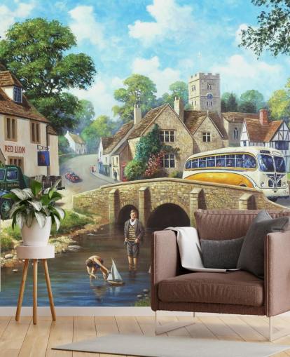 paddling in the village river in the past wallpaper