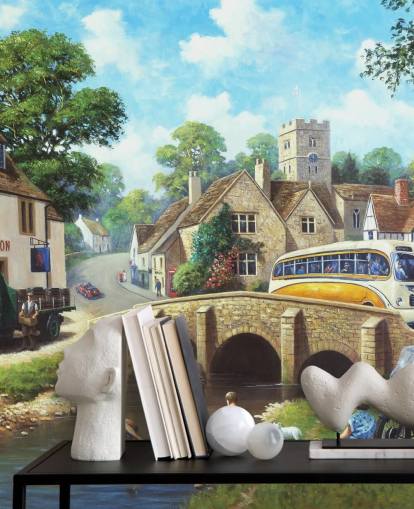 pagayer dans la rivière du village dans le passé papier peint