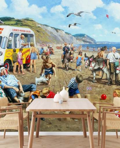 old fashioned sea side holiday painting wallpaper