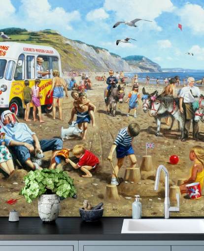 old fashioned sea side holiday painting wallpaper