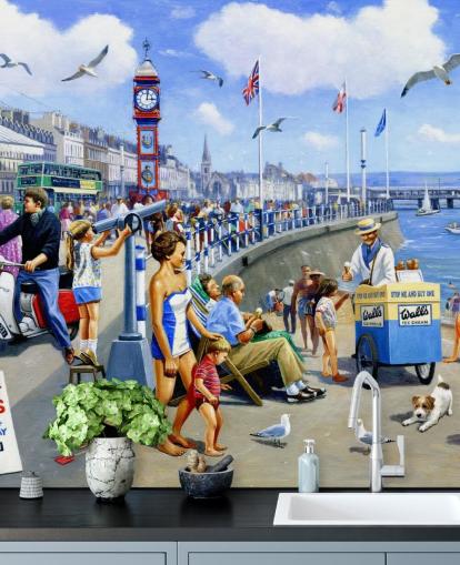 old fashioned seaside painting wallpaper