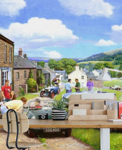 old village with vintage cars wallpaper