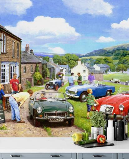 old village with vintage cars wallpaper