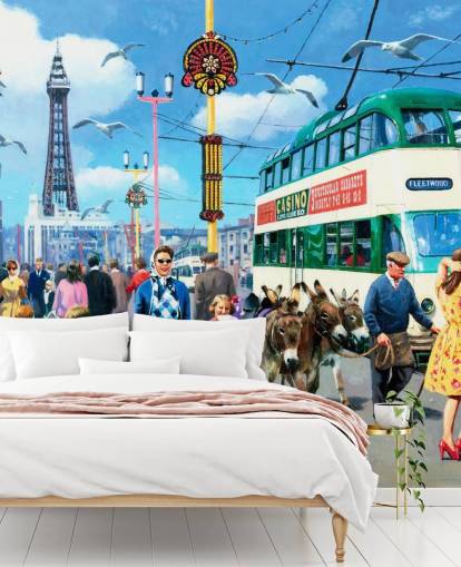 färgglad tapetväggmålning från svunnen tid som heter Happy Days Blackpool av Kevin Walsh för vårdhem