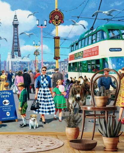 colourful bygone era wallpaper mural called Happy Days Blackpool by Kevin Walsh for care homes colourful bygone era wallpaper mural called Happy Days Blackpool by Kevin Walsh for care homes