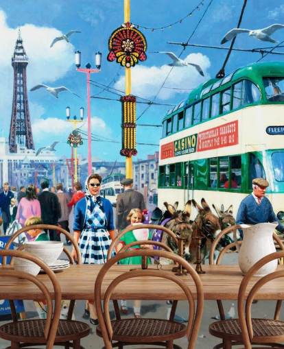 farbenfrohes Tapeten-Wandbild aus vergangenen Zeiten namens Happy Days Blackpool von Kevin Walsh für Pflegeheime