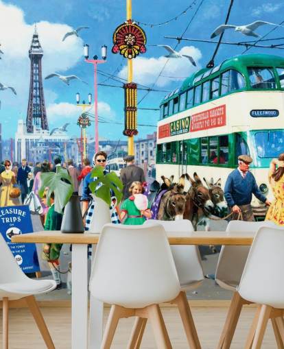 colorful bygone era wallpaper mural called Happy Days Blackpool by Kevin Walsh for care homes