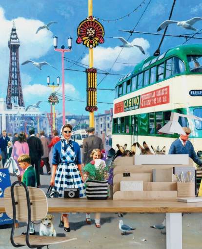 farbenfrohes Tapeten-Wandbild aus vergangenen Zeiten namens Happy Days Blackpool von Kevin Walsh für Pflegeheime