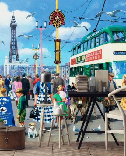 colorido mural de papel pintado de la época pasada llamado Happy Days Blackpool de Kevin Walsh para residencias de ancianos
