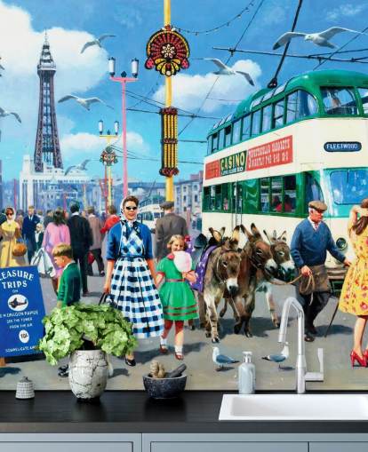colorful bygone era wallpaper mural called Happy Days Blackpool by Kevin Walsh for care homes colorful bygone era wallpaper mural called Happy Days Blackpool by Kevin Walsh for care homes