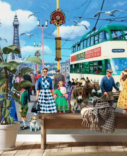 carta da parati murale colorata di epoca passata chiamata Happy Days Blackpool di Kevin Walsh per case di cura carta da parati murale colorata di epoca passata chiamata Happy Days Blackpool di Kevin Walsh per case di cura