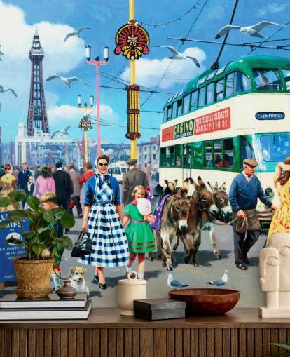 colorful bygone era wallpaper mural called Happy Days Blackpool by Kevin Walsh for care homes
