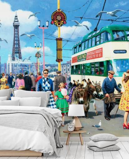 colorful bygone era wallpaper mural called Happy Days Blackpool by Kevin Walsh for care homes