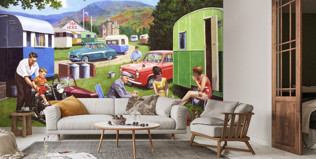 Caravanning in de muurschildering van de Hooglanden | Wallsauce NL