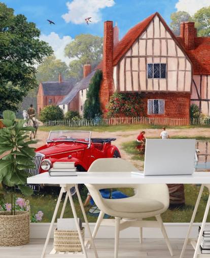 papel de parede vintage village, car and picnickers