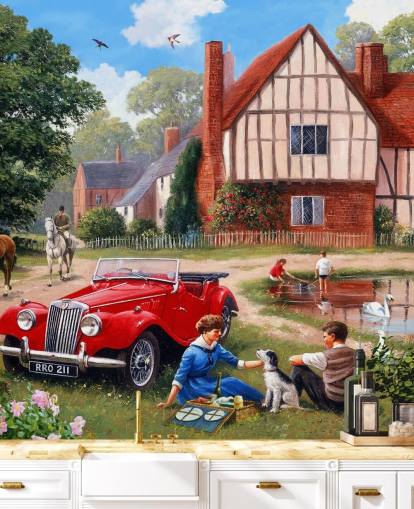 vintage dorp, auto en picknickers behang