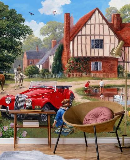 vintage dorp, auto en picknickers behang vintage dorp, auto en picknickers behang