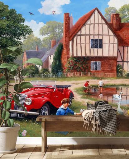 vintage village, car and picnickers wallpaper vintage village, car and picnickers wallpaper
