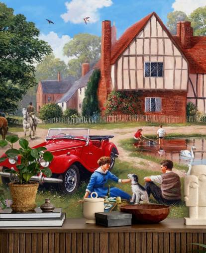 papel de parede vintage village, car and picnickers papel de parede vintage village, car and picnickers