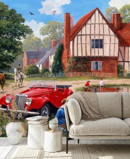 vintage landsby, bil og picnickers tapet