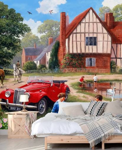 Vintage-Dorf, Auto und Picknicker Tapete Vintage-Dorf, Auto und Picknicker Tapete