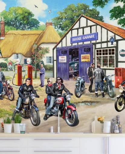 past rockers on motorbikes getting petrol wallpaper
