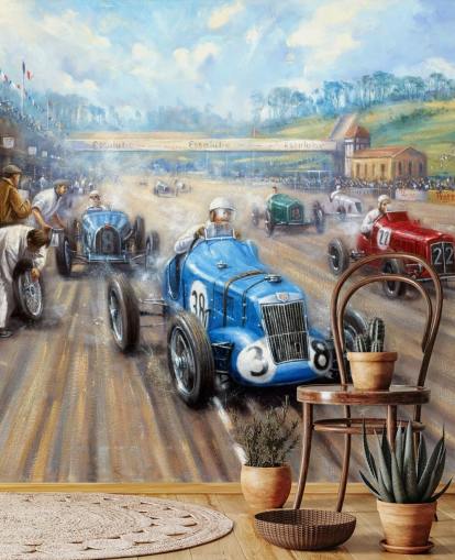 vintage car race muurschildering