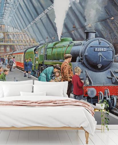 indoor train station in the 1950s wallpaper