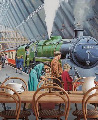 indoor train station in the 1950s wallpaper