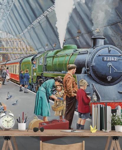 indoor train station in the 1950s wallpaper