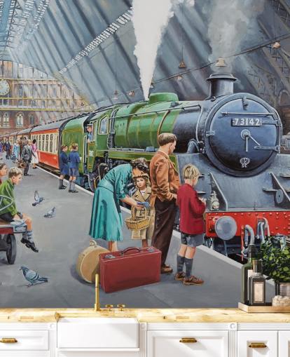 overdekt treinstation in de jaren 1950 behang