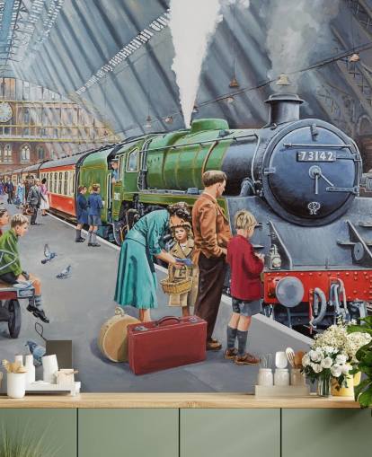 indoor train station in the 1950s wallpaper