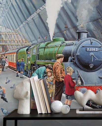 indoor train station in the 1950s wallpaper