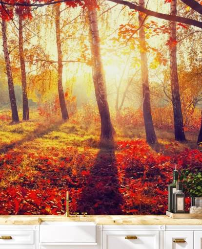 Autumnal Trees in Sun Rays Mural