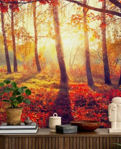 Autumnal Trees in Sun Rays Mural