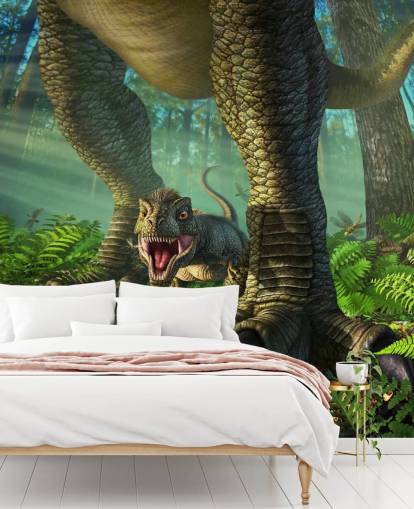 green kids dinosaur wallpaper mural called Wee Rex by Jerry LoFaro for kids bedrooms and playrooms